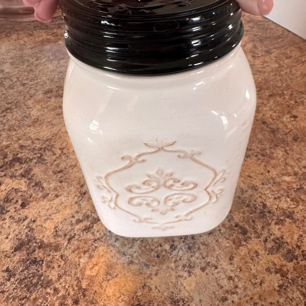 Farmhouse Ceramic Mason Jar Cookie Jar White Distressed Vintage Country Kitchen